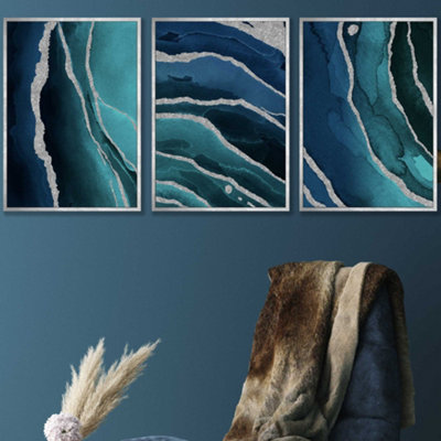 Artze Wall Art Set Of 3 Abstract Teal Blue Silver Strokes Wall Art Prints / 50X70Cm / Silver Frame from B&Q