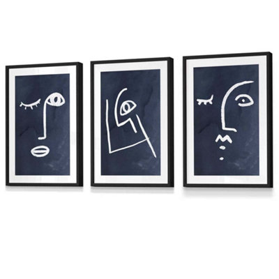 Artze Wall Art Set Of 3 Navy And White Abstract Line Art Faces Wall Art Prints / 30X42Cm (A3) / Black Frame from B&Q