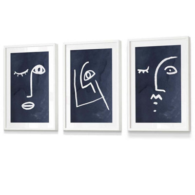 Artze Wall Art Set Of 3 Navy And White Abstract Line Art Faces Wall Art Prints / 30X42Cm (A3) / White Frame from B&Q