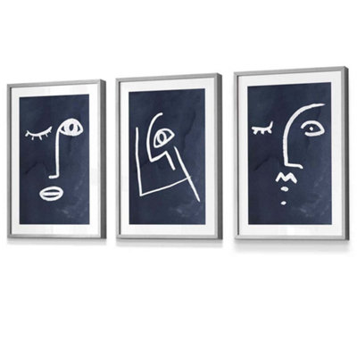 Artze Wall Art Set Of 3 Navy And White Abstract Line Art Faces Wall Art Prints / 30X42Cm (A3) / Light Grey Frame from B&Q