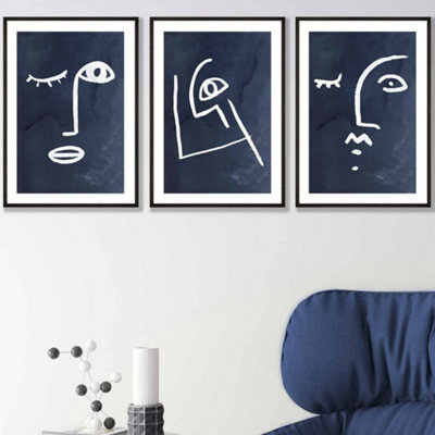 Artze Wall Art Set Of 3 Navy And White Abstract Line Art Faces Wall Art Prints / 42X59Cm (A2) / Black Frame from B&Q
