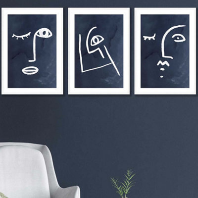 Artze Wall Art Set Of 3 Navy And White Abstract Line Art Faces Wall Art Prints / 42X59Cm (A2) / White Frame from B&Q
