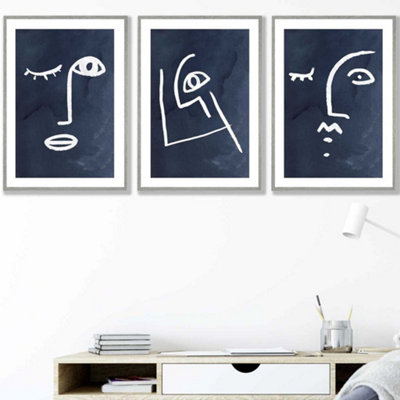 Artze Wall Art Set Of 3 Navy And White Abstract Line Art Faces Wall Art Prints / 42X59Cm (A2) / Light Grey Frame from B&Q
