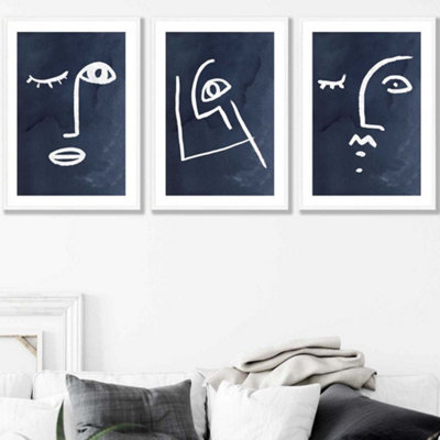 Artze Wall Art Set Of 3 Navy And White Abstract Line Art Faces Wall Art Prints / 50X70Cm / White Frame from B&Q