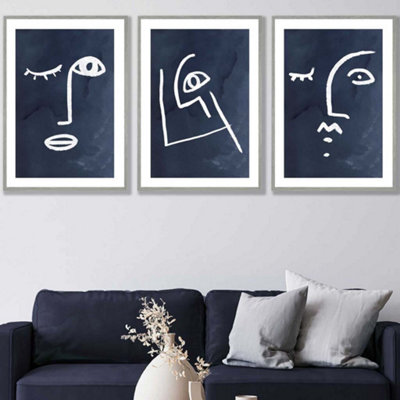 Artze Wall Art Set Of 3 Navy And White Abstract Line Art Faces Wall Art Prints / 50X70Cm / Light Grey Frame from B&Q
