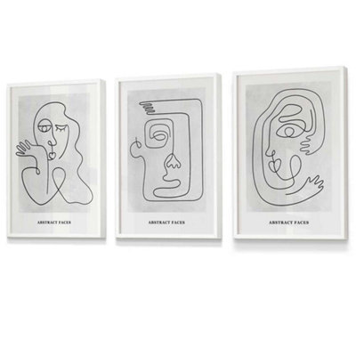 Artze Wall Art Set Of 3 Grey Abstract Line Art Faces Wall Art Prints / 30X42Cm (A3) / White Frame from B&Q