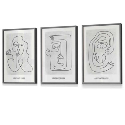 Artze Wall Art Set Of 3 Grey Abstract Line Art Faces Wall Art Prints / 30X42Cm (A3) / Dark Grey Frame from B&Q