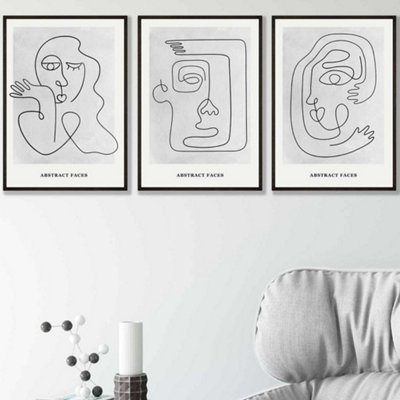 Artze Wall Art Set Of 3 Grey Abstract Line Art Faces Wall Art Prints / 42X59Cm (A2) / Black Frame from B&Q