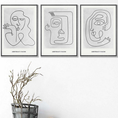 Artze Wall Art Set Of 3 Grey Abstract Line Art Faces Wall Art Prints / 42X59Cm (A2) / Dark Grey Frame from B&Q