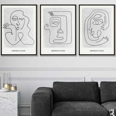 Artze Wall Art Set Of 3 Grey Abstract Line Art Faces Wall Art Prints / 50X70Cm / Black Frame from B&Q