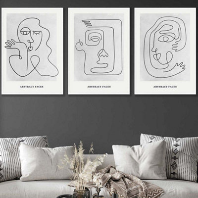 Artze Wall Art Set Of 3 Grey Abstract Line Art Faces Wall Art Prints / 50X70Cm / White Frame from B&Q