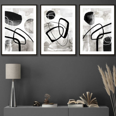 Artze Wall Art Set Of 3 Abstract Black Grey Watercolour Shapes Wall Art Prints / 30X42Cm (A3) / Black Frame from B&Q
