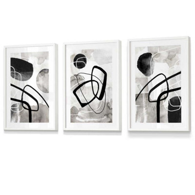Artze Wall Art Set Of 3 Abstract Black Grey Watercolour Shapes Wall Art Prints / 30X42Cm (A3) / White Frame from B&Q