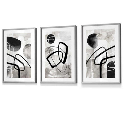 Artze Wall Art Set Of 3 Abstract Black Grey Watercolour Shapes Wall Art Prints / 30X42Cm (A3) / Light Grey Frame from B&Q