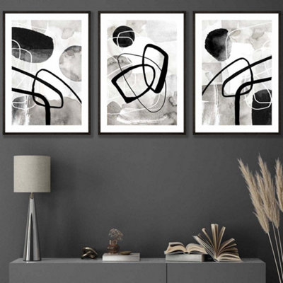 Artze Wall Art Set Of 3 Abstract Black Grey Watercolour Shapes Wall Art Prints / 42X59Cm (A2) / Black Frame from B&Q