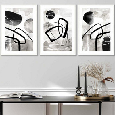Artze Wall Art Set Of 3 Abstract Black Grey Watercolour Shapes Wall Art Prints / 42X59Cm (A2) / White Frame from B&Q