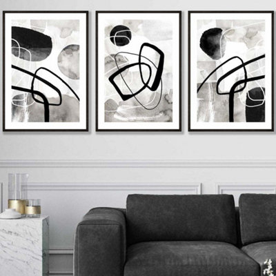 Artze Wall Art Set Of 3 Abstract Black Grey Watercolour Shapes Wall Art Prints / 50X70Cm / Black Frame from B&Q