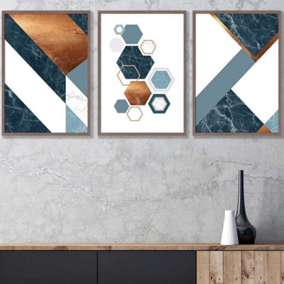 Artze Wall Art Set Of 3 Abstract Mid Century Teal Orange Geometric Wall Art Prints / 42X59Cm (A2) / Walnut Frame from B&Q
