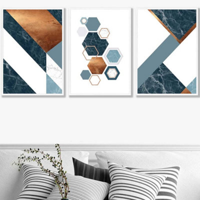 Artze Wall Art Set Of 3 Abstract Mid Century Teal Orange Geometric Wall Art Prints / 50X70Cm / White Frame from B&Q