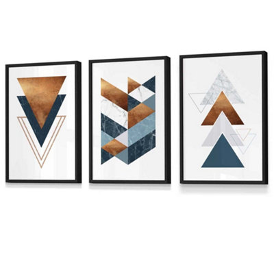 Artze Wall Art Set Of 3 Mid Century Teal Orange Abstract Geometric Wall Art Prints / 30X42Cm (A3) / Black Frame from B&Q