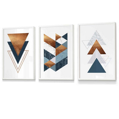 Artze Wall Art Set Of 3 Mid Century Teal Orange Abstract Geometric Wall Art Prints / 30X42Cm (A3) / White Frame from B&Q