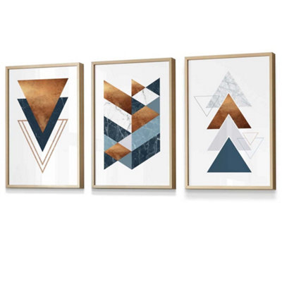 Artze Wall Art Set Of 3 Mid Century Teal Orange Abstract Geometric Wall Art Prints / 30X42Cm (A3) / Oak Frame from B&Q