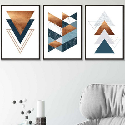 Artze Wall Art Set Of 3 Mid Century Teal Orange Abstract Geometric Wall Art Prints / 42X59Cm (A2) / Black Frame from B&Q