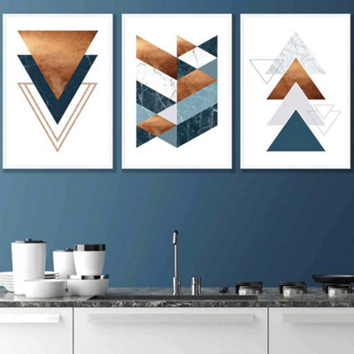 Artze Wall Art Set Of 3 Mid Century Teal Orange Abstract Geometric Wall Art Prints / 42X59Cm (A2) / White Frame from B&Q