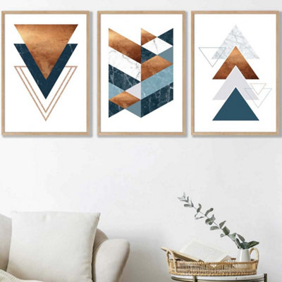 Artze Wall Art Set Of 3 Mid Century Teal Orange Abstract Geometric Wall Art Prints / 42X59Cm (A2) / Oak Frame from B&Q