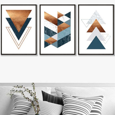 Artze Wall Art Set Of 3 Mid Century Teal Orange Abstract Geometric Wall Art Prints / 50X70Cm / Black Frame from B&Q