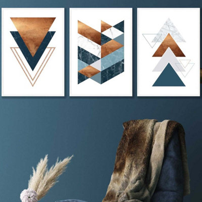 Artze Wall Art Set Of 3 Mid Century Teal Orange Abstract Geometric Wall Art Prints / 50X70Cm / White Frame from B&Q