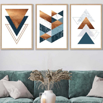 Artze Wall Art Set Of 3 Mid Century Teal Orange Abstract Geometric Wall Art Prints / 50X70Cm / Oak Frame from B&Q