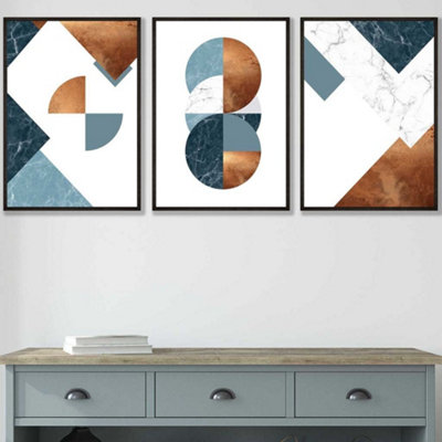 Artze Wall Art Set Of 3 Teal Orange Abstract Mid Century Geometric Wall Art Prints / 42X59Cm (A2) / Black Frame from B&Q