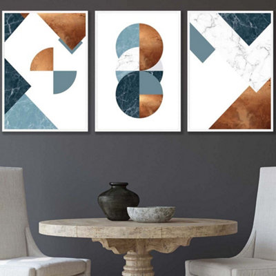 Artze Wall Art Set Of 3 Teal Orange Abstract Mid Century Geometric Wall Art Prints / 42X59Cm (A2) / White Frame from B&Q