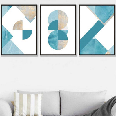 Artze Wall Art Set Of 3 Abstract Aqua Blue Mid Century Geometric Wall Art Prints / 50X70Cm / Black Frame from B&Q