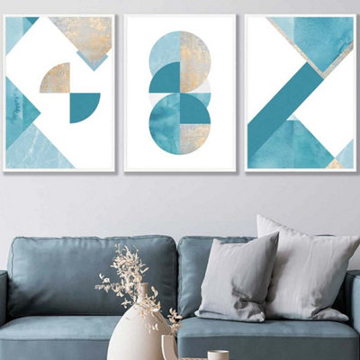 Artze Wall Art Set Of 3 Abstract Aqua Blue Mid Century Geometric Wall Art Prints / 50X70Cm / White Frame from B&Q