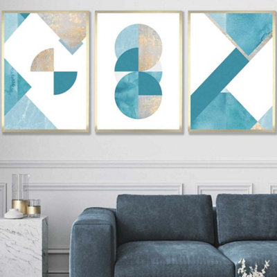 Artze Wall Art Set Of 3 Abstract Aqua Blue Mid Century Geometric Wall Art Prints / 50X70Cm / Gold Frame from B&Q