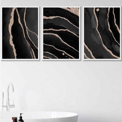 Artze Wall Art Set Of 3 Abstract Black Grey Gold Strokes Wall Art Prints / 50X70Cm / White Frame from B&Q