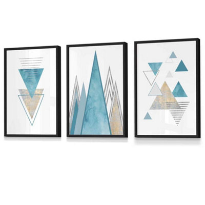 Artze Wall Art Set Of 3 Mid Century Aqua Blue Abstract Geometric Wall Art Prints / 30X42Cm (A3) / Black Frame from B&Q