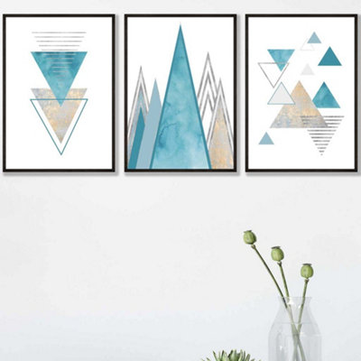 Artze Wall Art Set Of 3 Mid Century Aqua Blue Abstract Geometric Wall Art Prints / 42X59Cm (A2) / Black Frame from B&Q