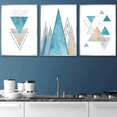 Artze Wall Art Set Of 3 Mid Century Aqua Blue Abstract Geometric Wall Art Prints / 42X59Cm (A2) / Silver Frame from B&Q