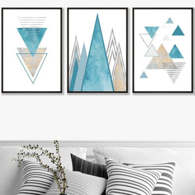 Artze Wall Art Set Of 3 Mid Century Aqua Blue Abstract Geometric Wall Art Prints / 50X70Cm / Black Frame from B&Q