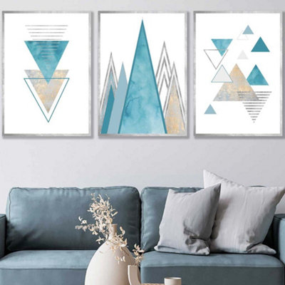 Artze Wall Art Set Of 3 Mid Century Aqua Blue Abstract Geometric Wall Art Prints / 50X70Cm / Silver Frame from B&Q