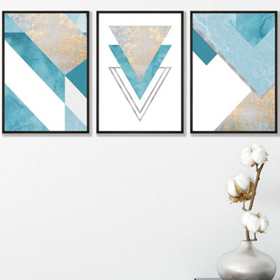 Artze Wall Art Set Of 3 Aqua Blue Abstract Mid Century Geometric Wall Art Prints / 42X59Cm (A2) / Black Frame from B&Q