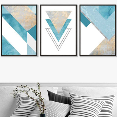 Artze Wall Art Set Of 3 Aqua Blue Abstract Mid Century Geometric Wall Art Prints / 50X70Cm / Black Frame from B&Q