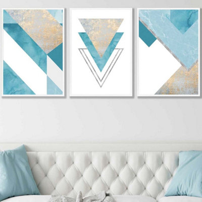 Artze Wall Art Set Of 3 Aqua Blue Abstract Mid Century Geometric Wall Art Prints / 50X70Cm / White Frame from B&Q