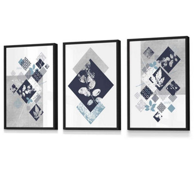 Artze Wall Art Set Of 3 Graphical Abstract Floral Navy Blue Grey Wall Art Prints / 30X42Cm (A3) / Black Frame from B&Q
