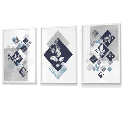 Artze Wall Art Set Of 3 Graphical Abstract Floral Navy Blue Grey Wall Art Prints / 30X42Cm (A3) / White Frame from B&Q