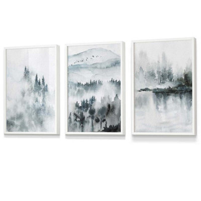 Artze Wall Art Set Of 3 Teal Blue Abstract Forest Lake Wall Art Prints / 30X42Cm (A3) / White Frame from B&Q