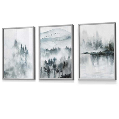 Artze Wall Art Set Of 3 Teal Blue Abstract Forest Lake Wall Art Prints / 30X42Cm (A3) / Light Grey Frame from B&Q